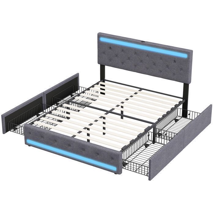 Cama de 140x190 cm - LED - USB - Tela de lino - Estructura de cama doble de 140x190 cm - Gris oscuro
