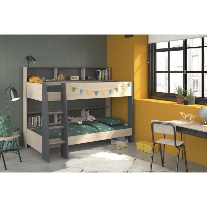 PARISOT Lits superposés enfant - Décor Chêne Jackson et Gris Ombre - Sommiers inclus - 2 x 90 x 200 cm - JIM