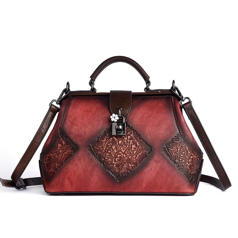Sac à main bandoulière en cuir véritable pour femme, style rétro, en cuir de vachette pleine fleur gaufré, avec poignée supérieure.