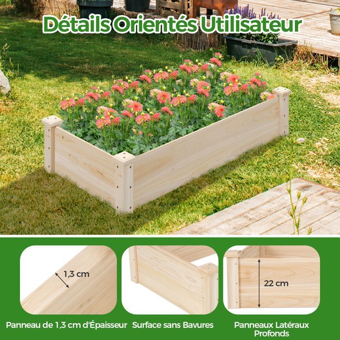 COSTWAY Raised Garden Bed, Wooden Fir, 120 x 61 x 25.5 cm, Open Bottom and Drainage, for Flowers, Herbs, Vegetables, and Fruit, Natural
