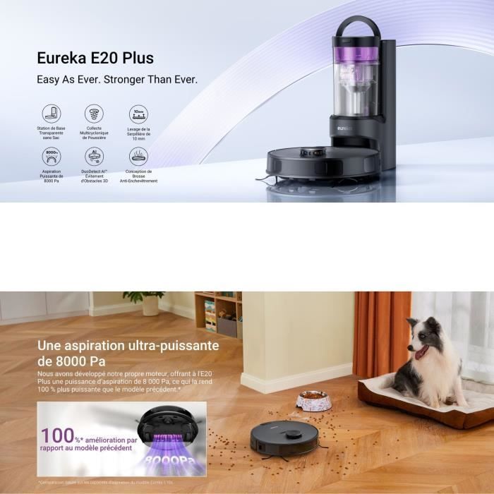 EUREKA E20 Plus - Robot aspirapolvere con stazione di svuotamento automatica - 8000 Pa - Anti-groviglio - Evitamento ostacoli 3D