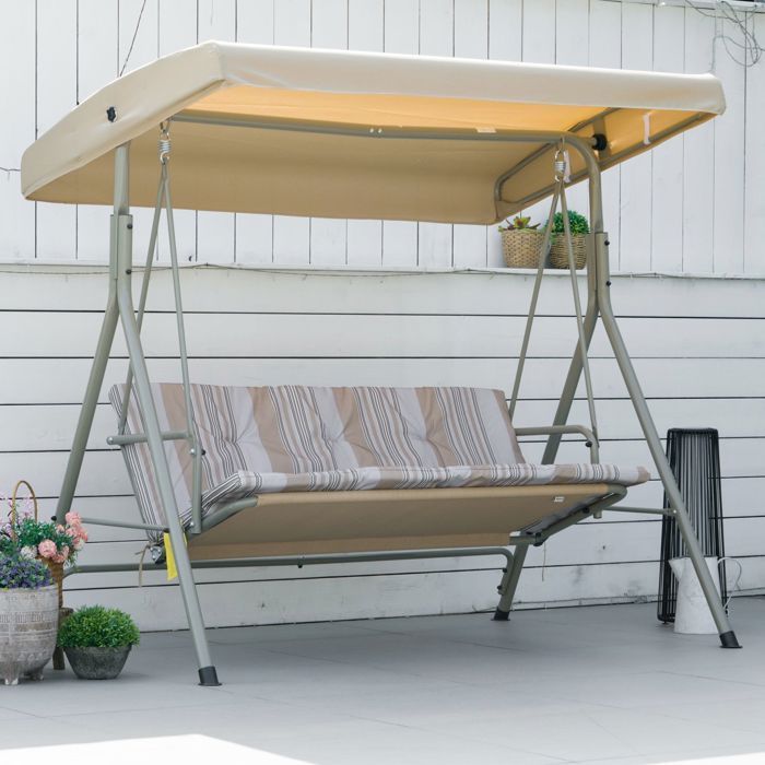 Columpio de jardín de 3 plazas - Outsunny - Toldo grueso con inclinación ajustable, cojines extraíbles - Poliéster, acero con revestimiento epoxi - Marrón claro