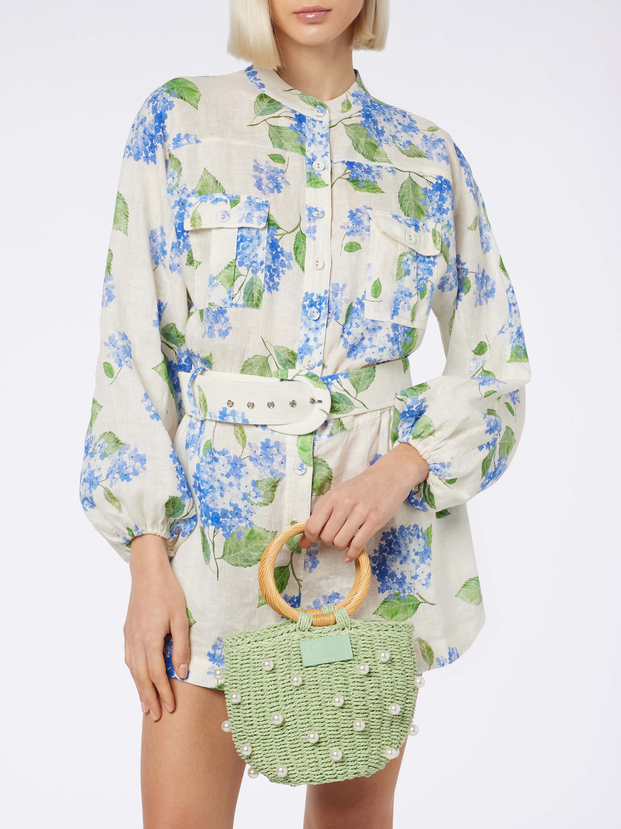 Woman Floral Linen Playsuit Hanniel | Long-Sleeved | Lilac Flower Print | Buttoned Front | Elastic Waist & Fabric Belt |100% Linen | MC2 Saint Barth