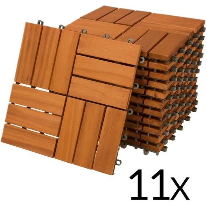 11x Dalles de terrasse en bois d'acacia Mosaïque 30x30cm Dalle clipsable 1m² balcon jardin extérieur