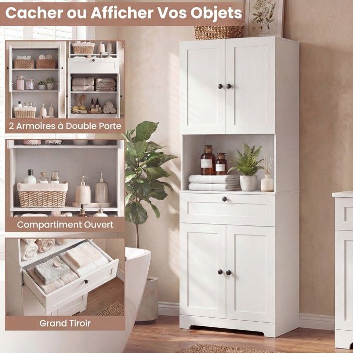 GIANTEX Armoire de Salle de Bain Haute, Étagères Réglables, Meuble Multi-Usage pour Cuisine, Salon, Buanderie, Blanc