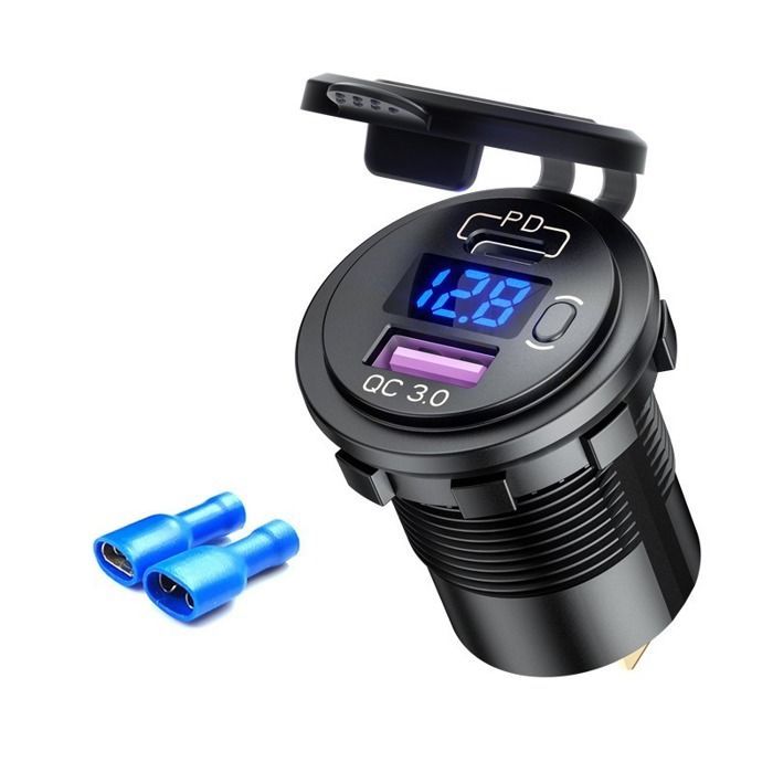 USB-Typ-C-Autoladegerät mit Voltmeter – 60 W PD & QC 3.0 Schnellladung für Motorräder, Wohnmobile und Fahrzeuge