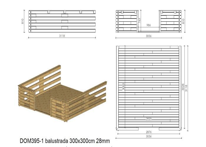 Caseta de jardín de madera - 3x3 m + terraza con balaustrada y voladizo de madera - 18 m2 - Tratada - DOM427+DOM539+DOM540+POD05