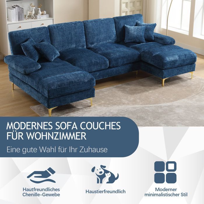 Moderne U-formet sofa, stor blå chenille, 272.00x136.00x88.00 cm