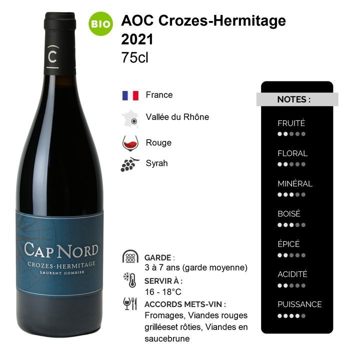 Domaine Combier Crozes-Hermitage Cap Nord 2021 - Vin Rouge de la Vallée du Rhône (3x75cl) BIO