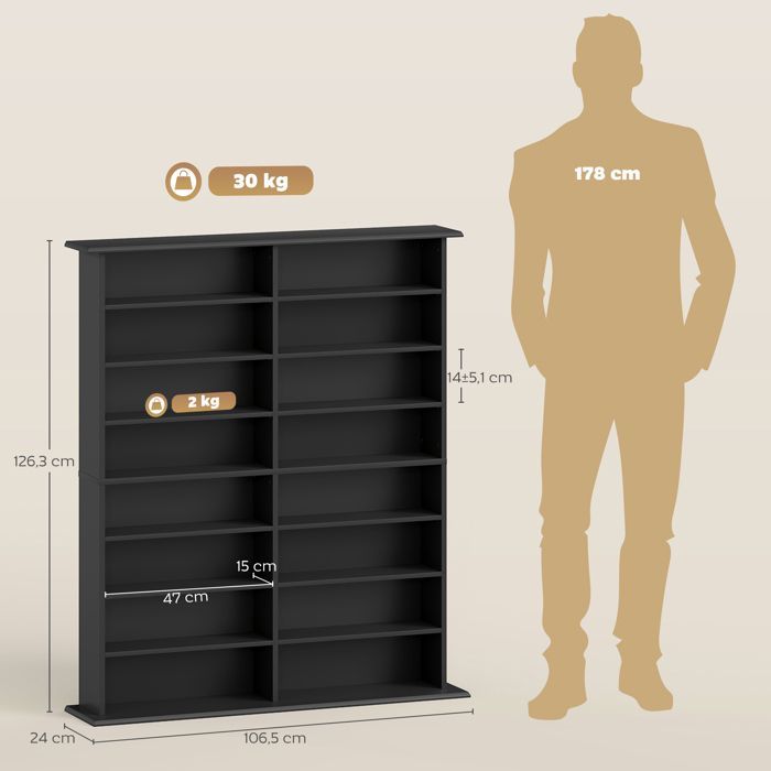 Rangements pour CD et DVD - HOMCOM - 16 compartiments et 12 étagères réglables - capacité max. 720 CD/396 DVD et Blu-ray - noir