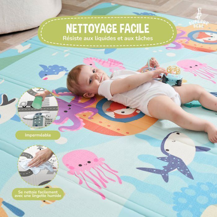 Omkeerbare en waterdichte opvouwbare speelmat - 180x150x1cm | Schuimrubberen speelmat voor kinderen - ZEE | SUPERBE BABE