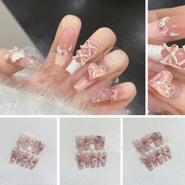 Manicure-pedicure set NOT False Nails M 10 pieces Ballerina Pink Glazed French 3D Bow Flowers Heart Pearl Press on Nails Cute Fake