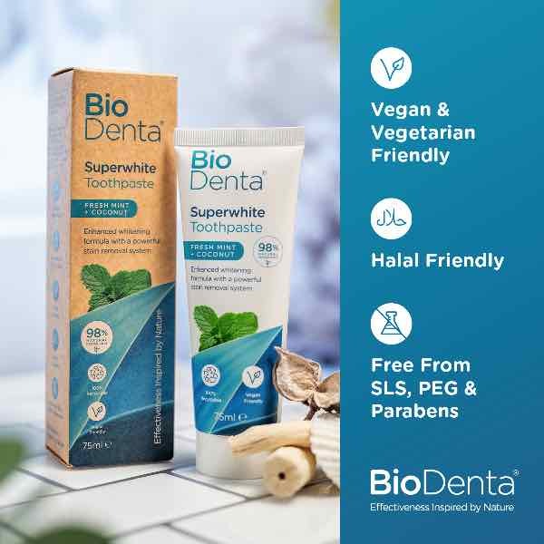 Pasta dental blanqueadora natural BioDenta SUPERWHITE Vegana - Paquete de 3