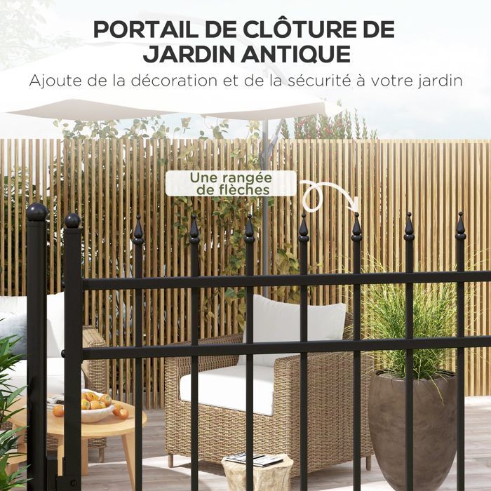 Puerta de jardín - Outsunny - acero galvanizado - 107 x 204 cm - cerradura, llaves y manilla - negra