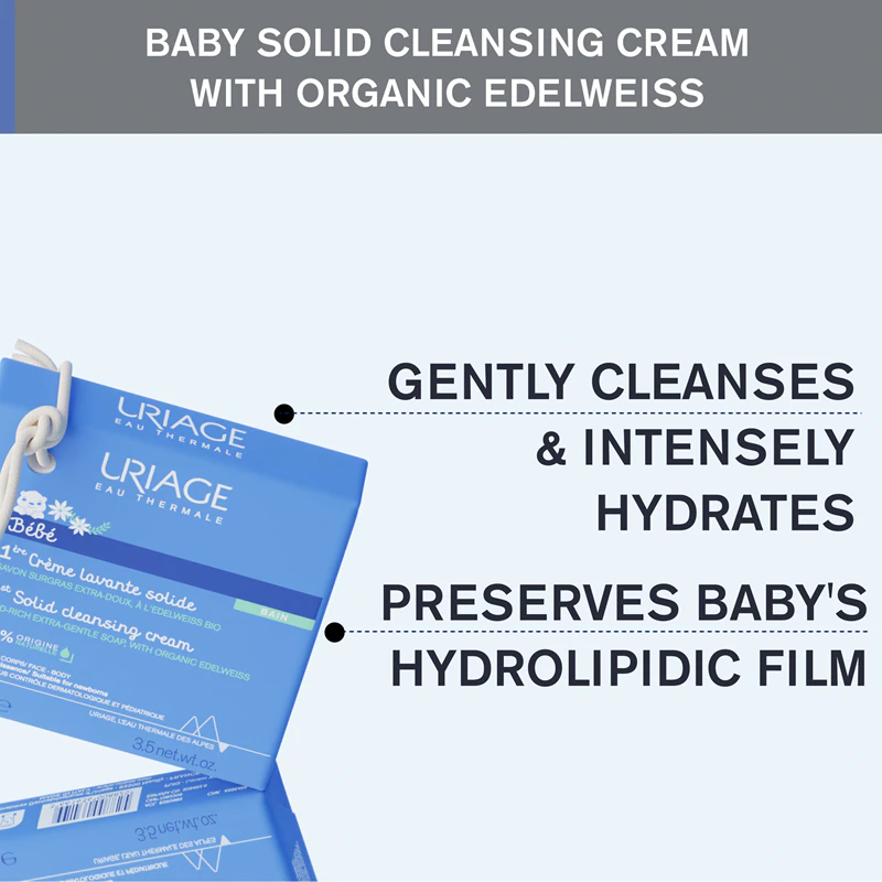 Uriage Bébé 1st Creme de Limpeza Sólido, sabonete cremoso para pele delicada e macia.