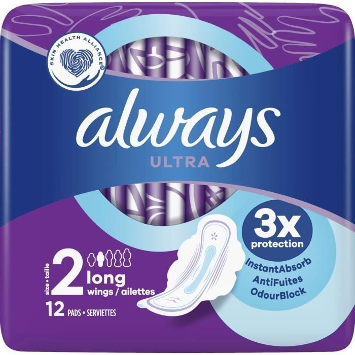 Guardanapos Always Ultra Longos, pacote com 12 unidades.