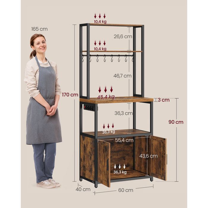 Kitchen Trolley with Power Strip, 8 Hooks, 40 x 60 x 170 cm, Rustic Brown and Ink Black
