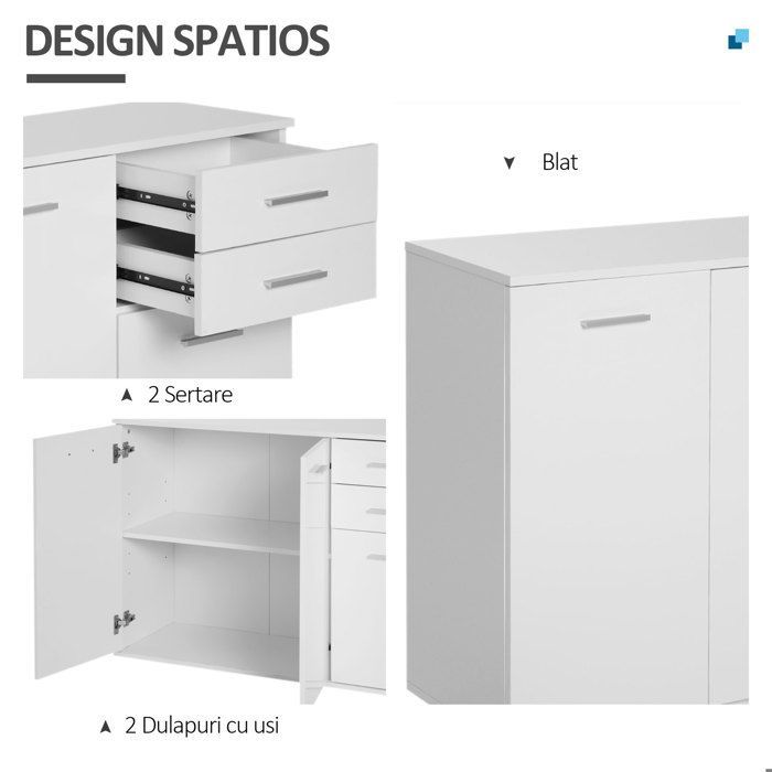 Aparador de salón - mueble de almacenamiento - HOMCOM - alto brillo, 2 cajones, 3 puertas, estante ajustable, estilo contemporáneo - madera - blanco