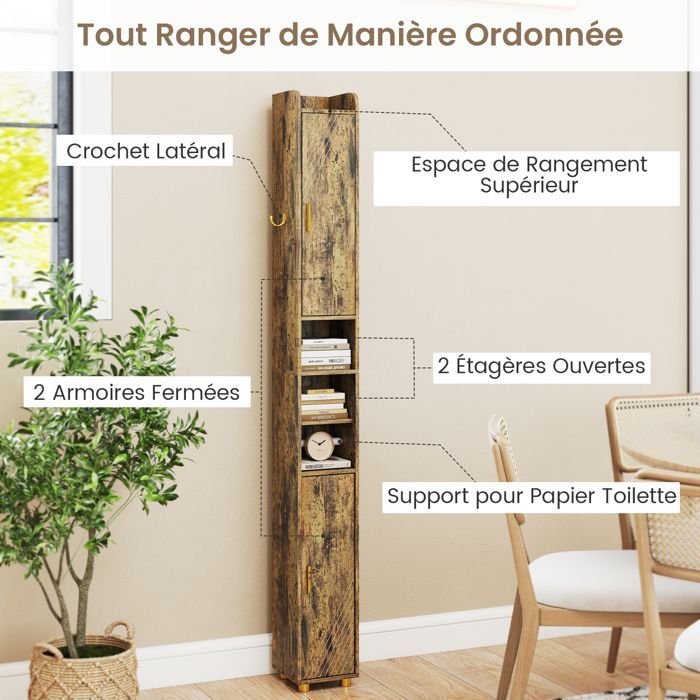 GIANTEX Narrow Bathroom Column - Adjustable Shelves - 2 Open Compartments - 2 Doors - Towel Rail - 20x20x179cm - Cafe