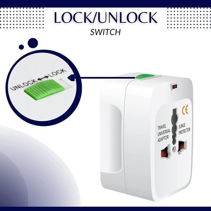 Adaptador de viaje universal todo en uno: 4 enchufes (Reino Unido/EE. UU./Australia/UE), compatible con más de 180 países y carga 5 dispositivos.