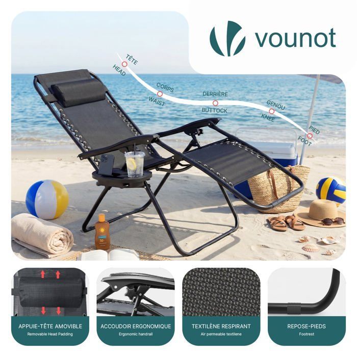 VOUNOT® Set of 2 Reclining Sun Loungers with Folding Textilene Table and Cup Holder - Max Load 120kg - Black