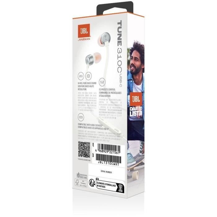 Auriculares con cable JBL Tune 310C - USB-C - Compatibles con audio de alta resolución - Blanco