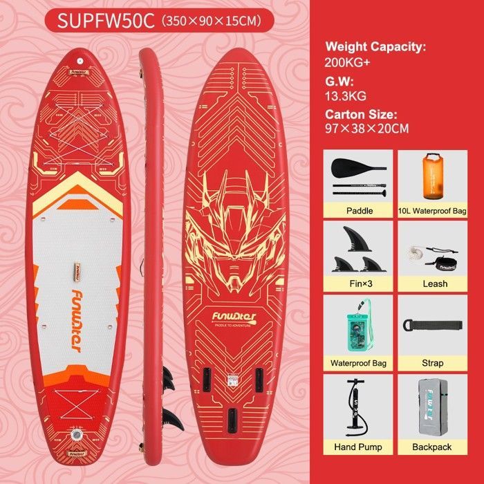 FunWater SUPFW50C, 3 vinnen, antislip EVA, elastisch koord voor stabiele avonturen, gewicht 13,3 kg, draagvermogen 200 kg