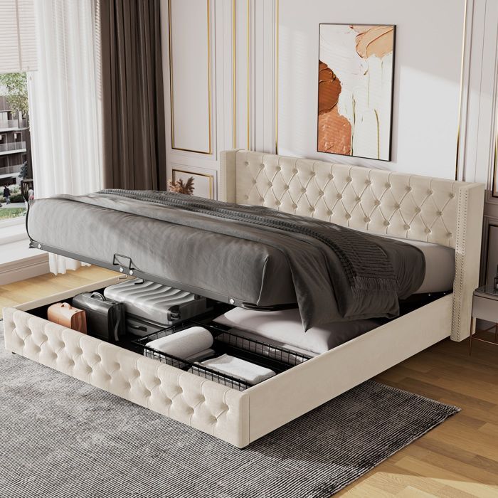 Letto contenitore - TKOPY - Letto matrimoniale per adulti 180x200 cm, letto imbottito con rete a doghe e vano contenitore, velluto beige