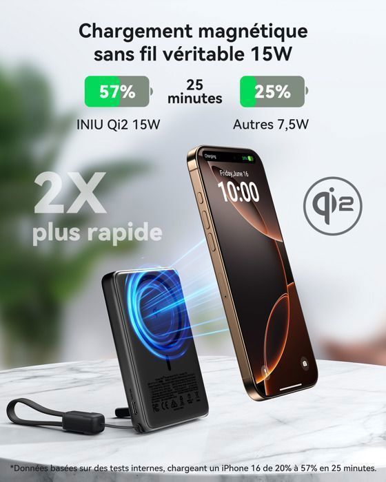 INIU Qi2-Certificat MagSafe Batterie Externe, 45W 10000mAh Power Bank Magnétique pour iPhone 12~16