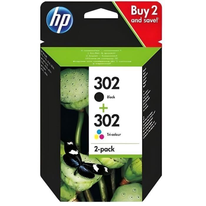 Confezione da 2 cartucce d'inchiostro originali HP 302, nero e a colori (X4D37AE), per stampanti HP DeskJet 2130/3630 e HP OfficeJet 3830.