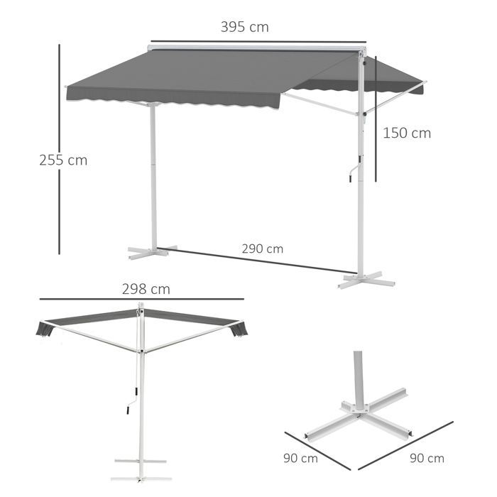 Store Double Pente 4 x 3 m Manuel rétractable Inclinaison réglable métal époxy Blanc Polyester imperméabilisé Anti-UV Gris