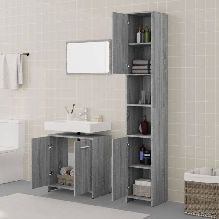 Ensemble de meubles de salle de bain - KALISSE - Sonoma gris - Bois d'ingénierie - Miroir 60x37 cm