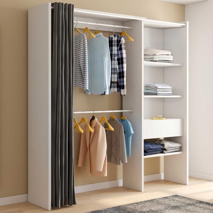IDMARKET Dressing extensible MARTY 120/170 x 50 x 180 cm blanc avec étagères + double penderie + rideau gris