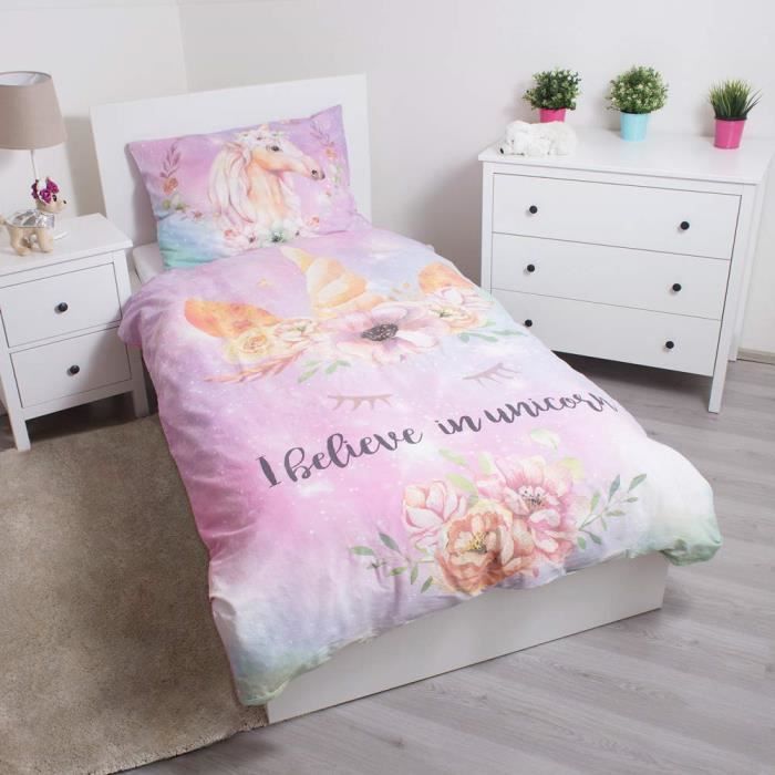 Juego de ropa de cama infantil de unicornio 100% algodón - Funda nórdica 140x200 + Funda de almohada 70x90 cm