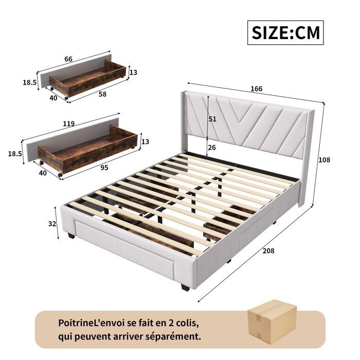 Letto matrimoniale 160 x 200 cm con rete a doghe, letto imbottito con 3 cassetti, tessuto di lino, beige