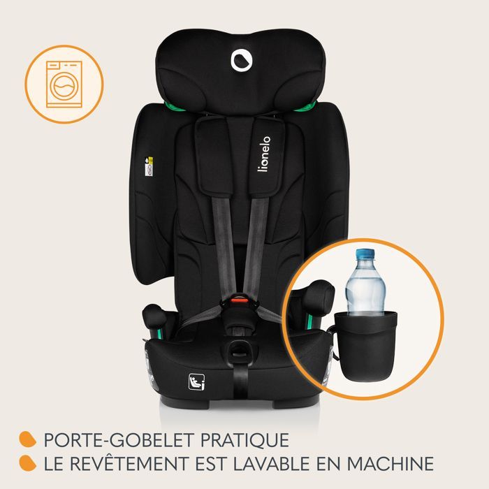 Seggiolino auto LIONELO Nelly i-Size 76-150 cm - ISOFIX - Pieghevole - Portabicchieri - Gruppo 1/2/3 - Nero