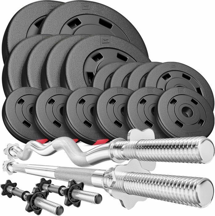 Juego de mancuernas Hop-Sport de 75 kg, barras de 167 cm, barras cortas de 120 cm y 45 cm, discos de peso de 2x10, 4x5, 4x2,5 y 6x1,25.
