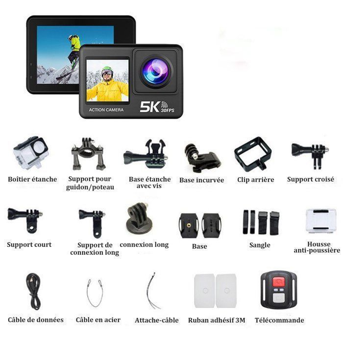 5K 30FPS Sports Camera, 170° Wide Angle, EIS, 30M Waterproof Camera, 2.4G WiFi with Remote Control, Black