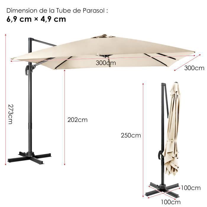 COSTWAY Parasol Déporté Inclinable 3x3M avec Base Croisée Rotation à 360°,Manivelle,8 Baleines,Event pour Jardin,Terrasse Beige