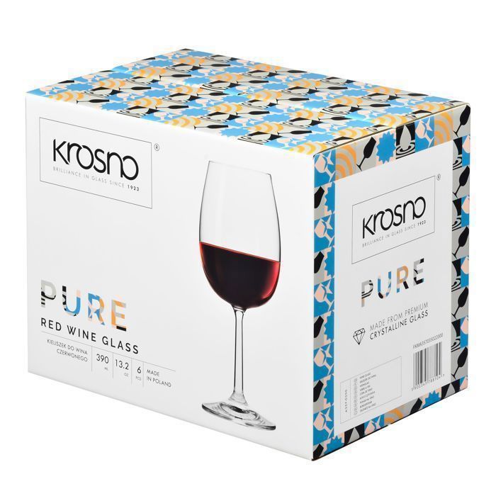Krosno Petite Verre à Vin Rouge en Cristal - Lot de 6 Verres - 390 ml - Collection Pure - Lavable au Lave-Vaisselle