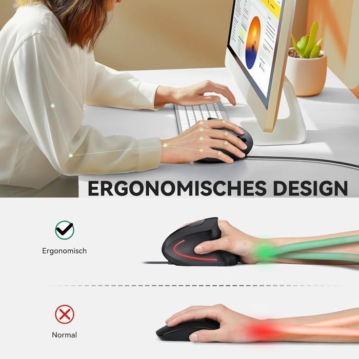 Souris Ergonomique sans Fil Rechargeable, Bluetooth + 2,4G Wireless Mouse, 1600 DPI,  Plug and Play, pour Droitier, PC, Mac
