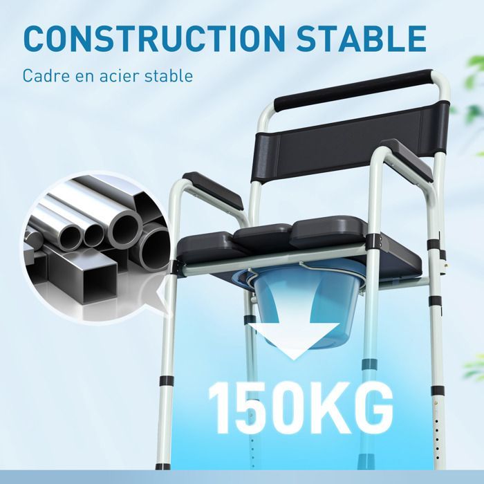 Silla inodoro HOMCOM - plegable y antideslizante - altura regulable, asiento y reposabrazos acolchados, capacidad de carga de 150 kg - negra