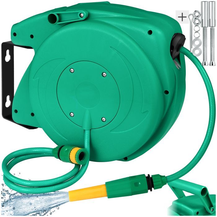 Enrollador de manguera - TECTAKE - Enrollador de manguera de jardín con soporte automático para manguera de 10 m - Azul