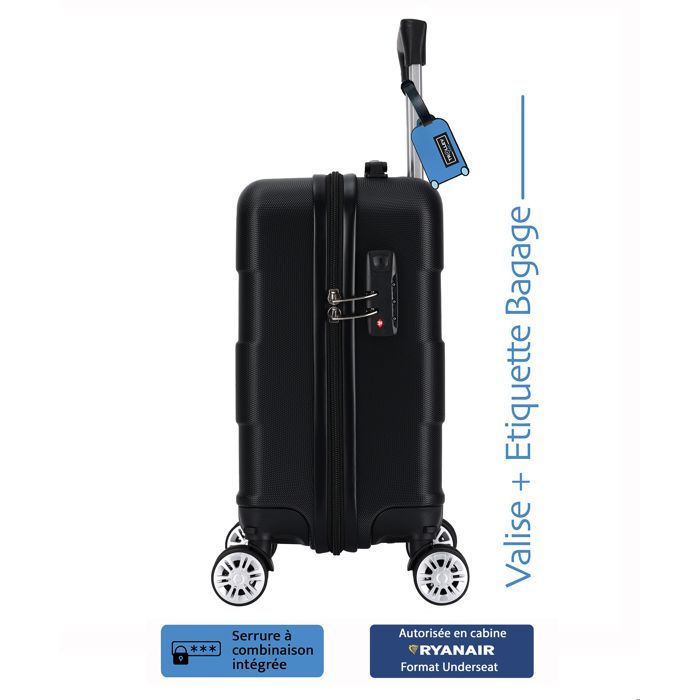 Valise cabine Ryanair 40x30x20 cm – ABS rigide léger – 4 roues double amovible – Noir - TROLLEY ADC – Étiquette bagage offerte