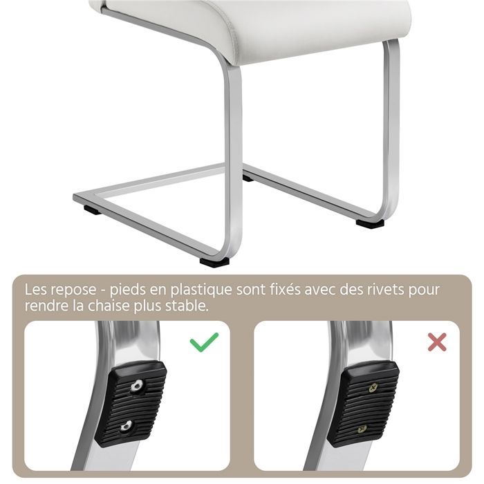 Lot de 6 Chaises de Salle à Manger en Similicuir Polyuréthane avec Pieds Métalliques en U et Haut Dossier, Blanc YAHEETECH