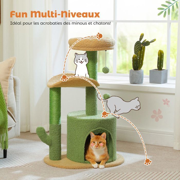 Árvore para Gatos PAWZ Road Cactus, com Pom-Pom de Pelúcia, Poste de Sisal para Arranhar e Almofada Removível, 84 cm, Verde