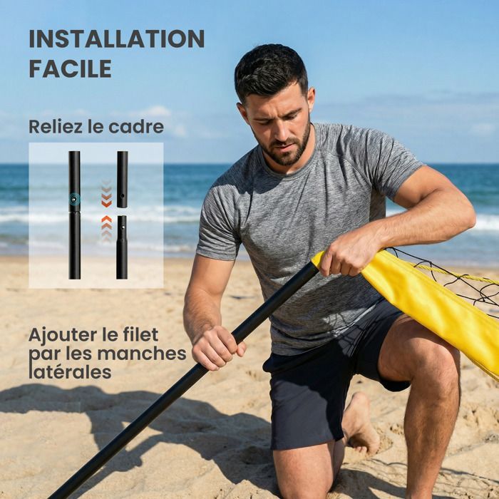 Ensemble de Volley-Ball et Badminton - SPORTNOW - Poteaux en Acier Hauteur Réglable - Raquettes et Volants - Acier - Noir