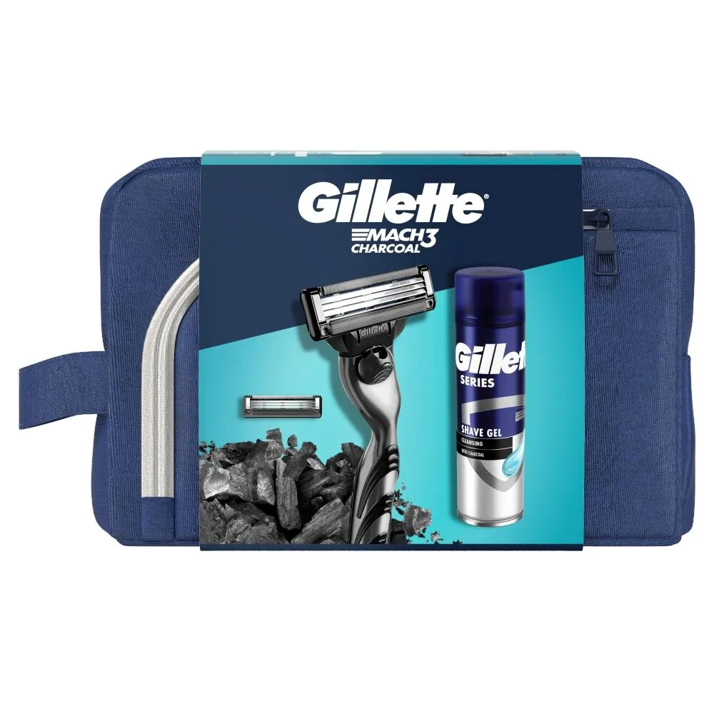 Gillette Zestaw Dla Mężczyzn Mach 3 Charcoal maszynka + żel + kosmetyczka