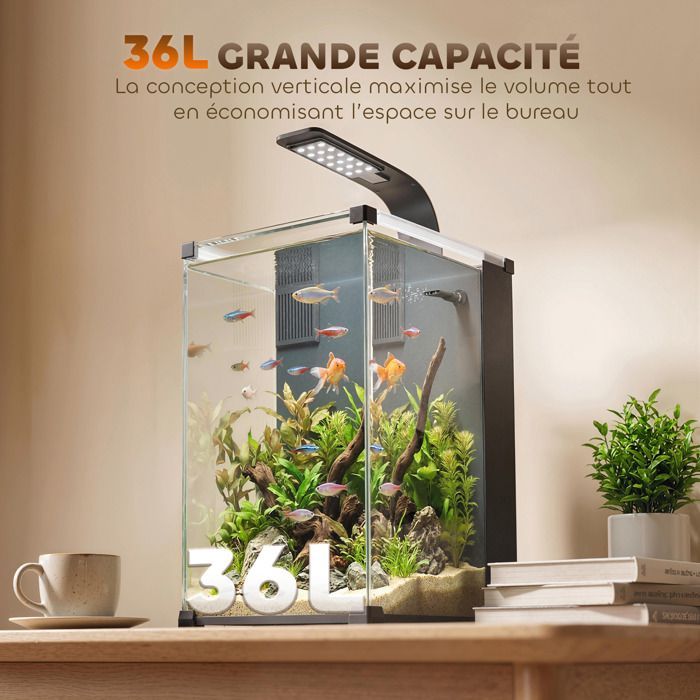 Aquarium - PawHut - 36L, nano aquarium avec filtre intégré, pompe 5W et éclairage LED - verre trempé - 30x30x45cm - noir
