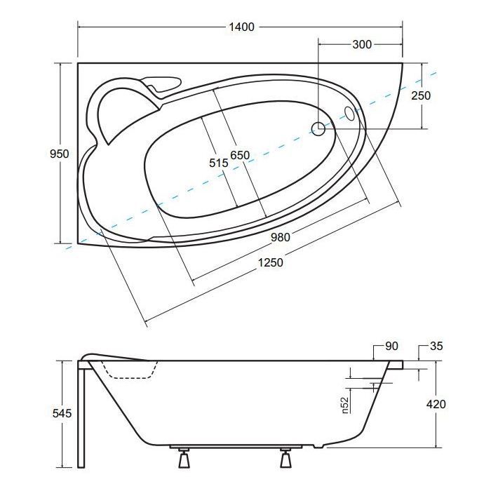 Corner bathtub 140x95 Left-hand opening with acrylic apron, siphon, and feet